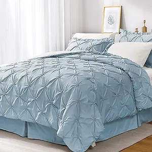 JOLLYVOGUE Light Blue/Ivory Full Size Comforter Sets 7 Pieces, Pintuck Bed in a Bag Comforter Set for Bedroom, Bedding Comforter Sets with Comforter, Sheets,Ruffled Shams & Pillowcases