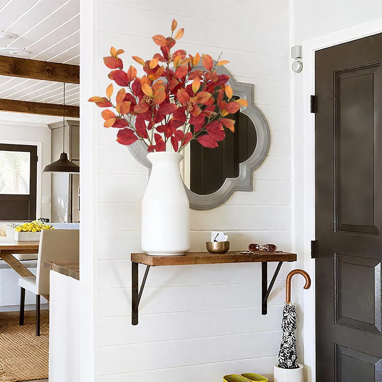 32" Artificial Fall Burning Bush Leaves Stems for Autumn Decor, 3 Pcs Fake Euonymus Leaf Greenery Branches with Flower Seeds for Floral Arrangements, Thanksgiving & Wedding Centerpiece, Flame Red - Image 5