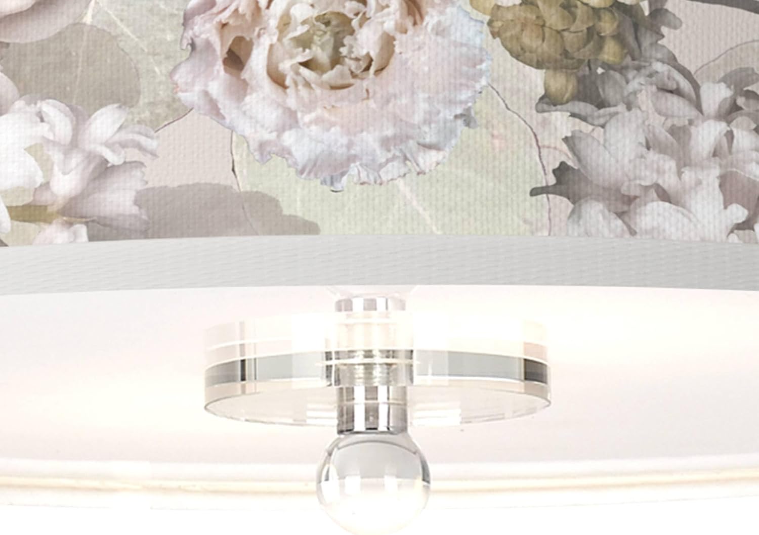 Giclee Glow 16" Country Traditional Semi Flush-Mount Ceiling Light Fixture Kitchen Foyer Hallway Drum Round Rosy Blossoms Shade White Silver Chrome Finish Crystal Bedroom Bathroom Entryway