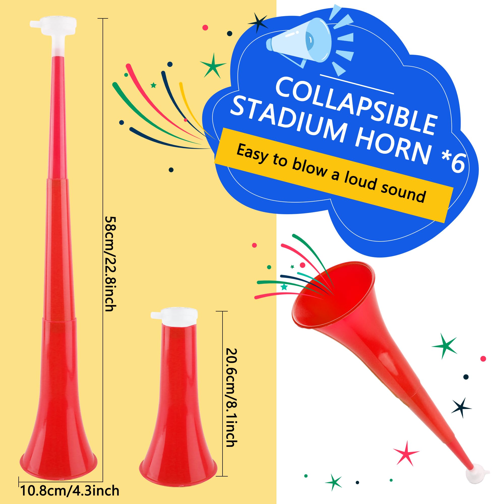 Hoarost 12 Pcs 24 Inch Collapsible Stadium Horn Vuvuzela Plastic Collapsible Cheering Trumpets Noisemakers Cheer Horn Blow Horn for Sporting Events Football Carnival Party Favors (Color set 5)