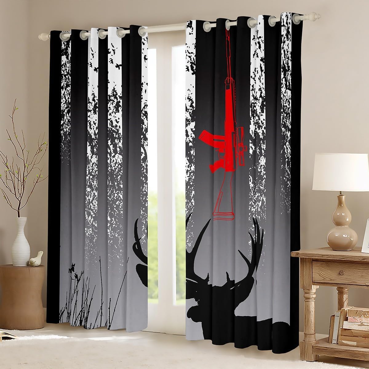Erosebridal Hunting Theme Blackout Curtains,Deer Curtains & Drapes Elk Antler Curtains 84Wx84L Red Gun Print Window Drapes Black White Grey Stripe Window Treatments,Luxury Retro Hunter Bedroom Decor