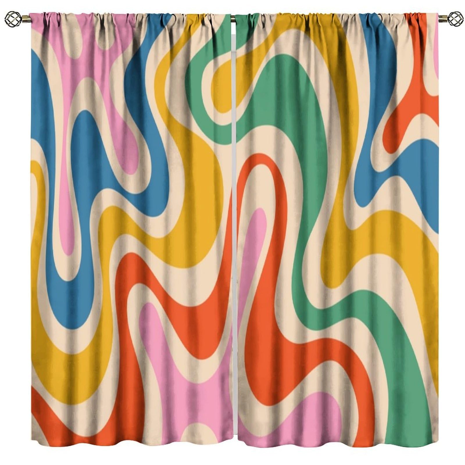 BenYaSong Hippie Blackout Window Curtain, 70s Retro Colorful Orange Pink Wave Hippie Abstract Swirl Aesthetic Boho Funky for Home Kitchen Livingroom Coffee Room Window Drapes 2Panel 63" W X 63" L