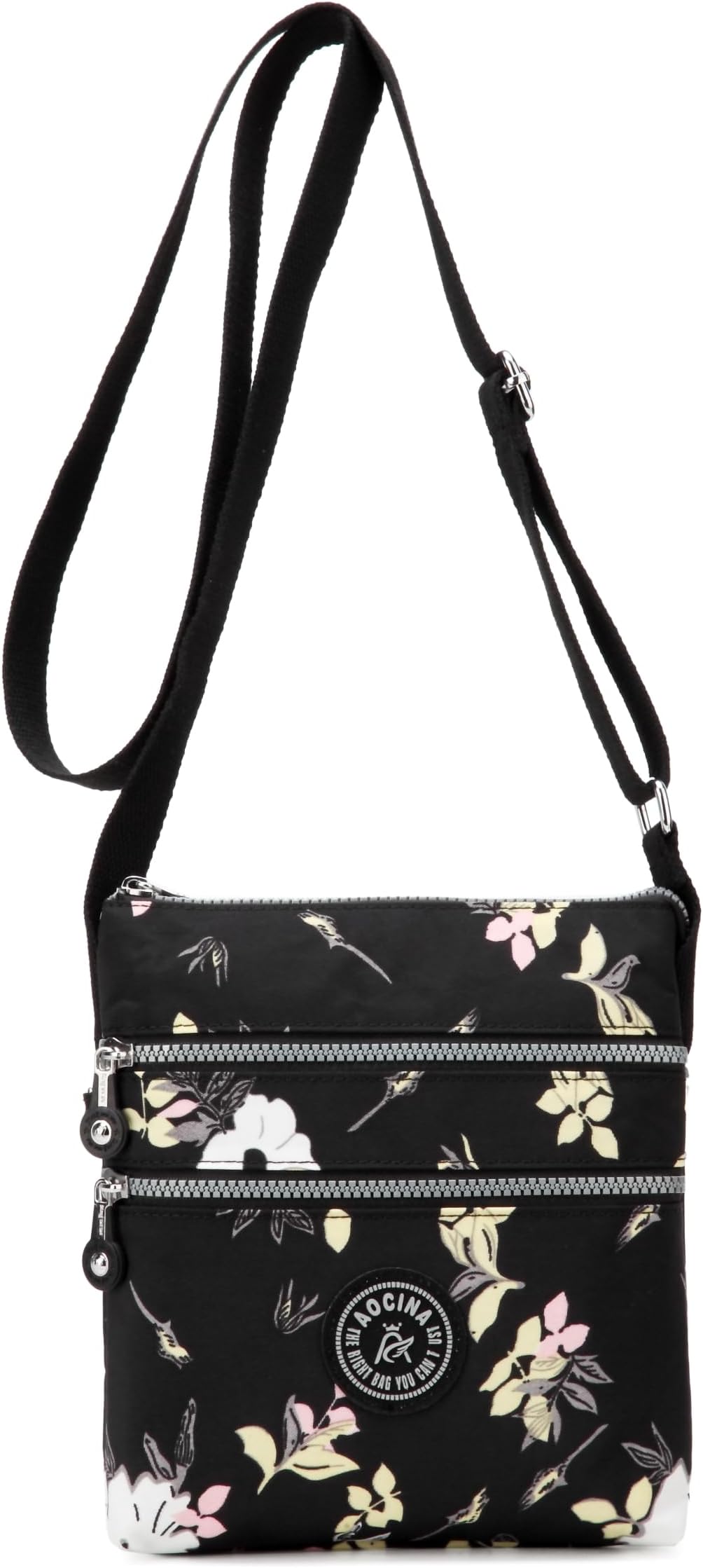 AOCINA Crossbody Purses for Women Lightweight Small Travel Bag Shoulder Purses and Handbags with Multi Zipper Pockets, A-black Flower, Crossbody Bag