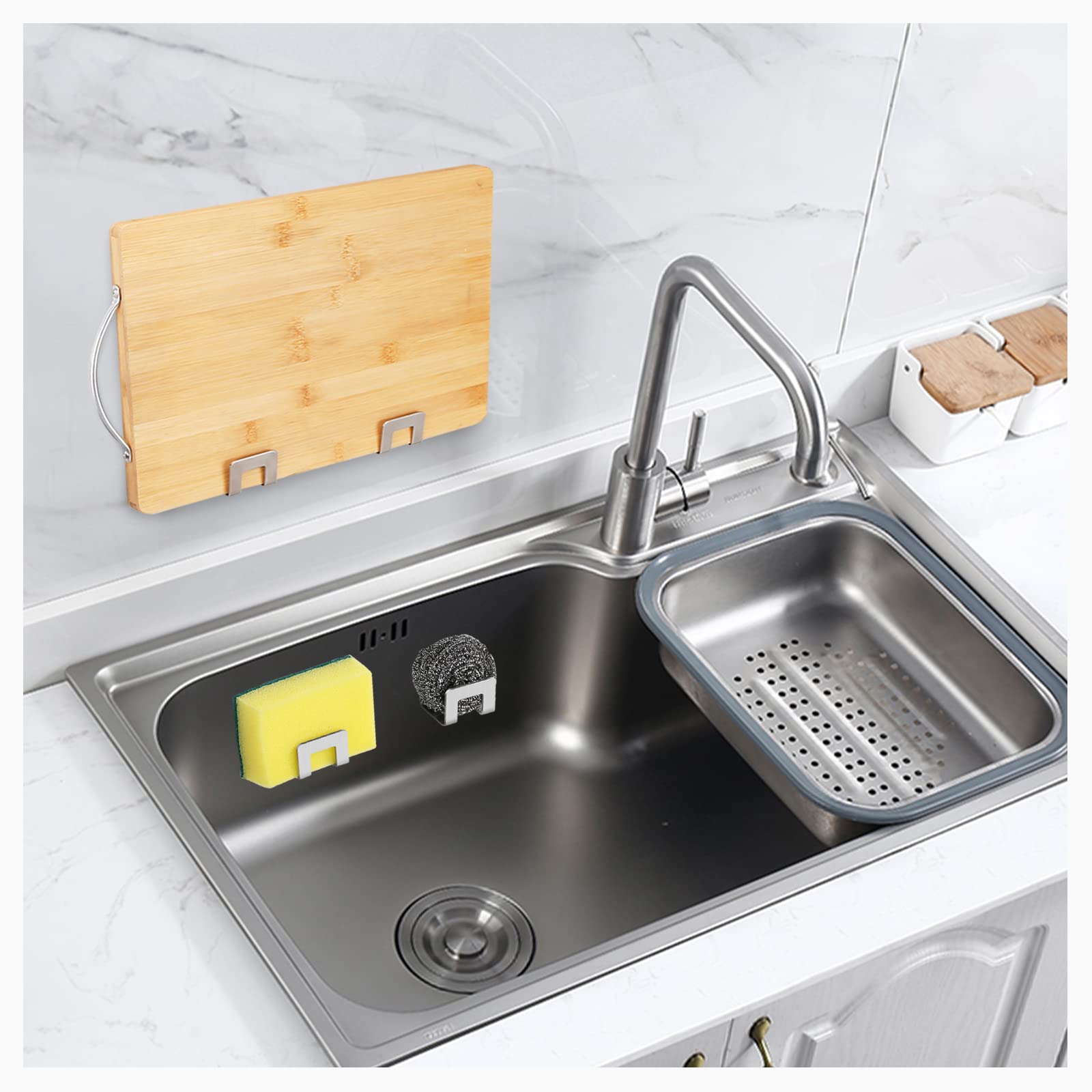 FuninCrea Lot De 2 Porte-éponges De Cuisine Auto-adhésifs En Acier Inoxydable - Évier De Cuisine Multifonction - Utilisé Pour Stocker L'éponge Et Les Accessoires De Salle De Bain (gris