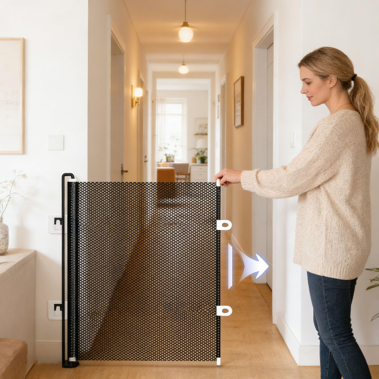 Retractable Mesh Pet Gate, No-Drill Dog & Cat Barrier Gate, Adjustable Indoor/Outdoor Fence for Doorways, Stairways, Puppies & Small Animals,125x50CM (Black) - 5