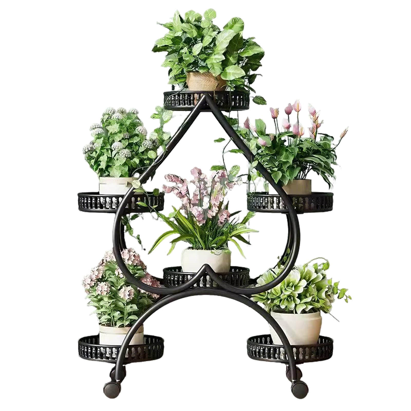 JIHNM Indoor Plant Stand with Wheel, Heart Shaped Corner Shelf Tall Plant Stand for Multiple Indoor Plants, Flower Stand Decor for Gardening Balcony Garden Patio (Black, 6 Tier)