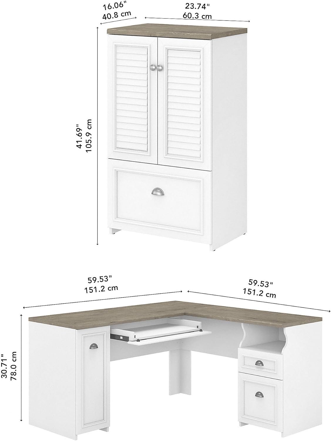 Bush Furniture Fairview 60W L Shaped Desk and 2 Door Storage Cabinet with File Drawer in Pure White and Shiplap Gray