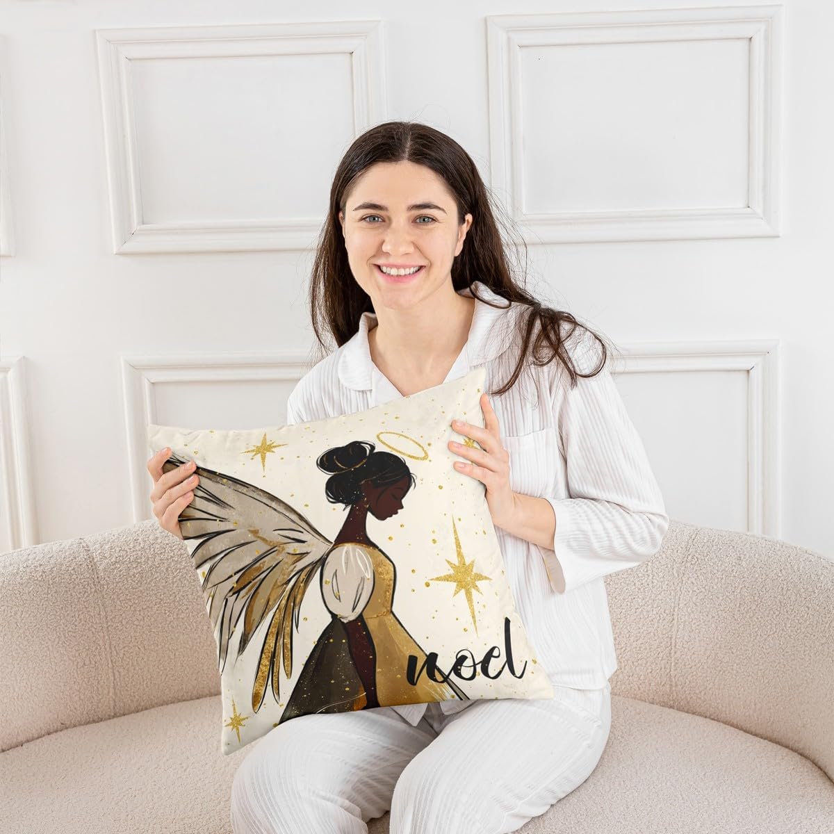 Feelyou Merry Christmas Throw Pillow Covers Set of 2 Black Girl Angel Square Cushion Covers Xmas Pray Pillow Case African American Women Cushion Case for Couch Sofa Bedroom Decor 24 x 24-Inch