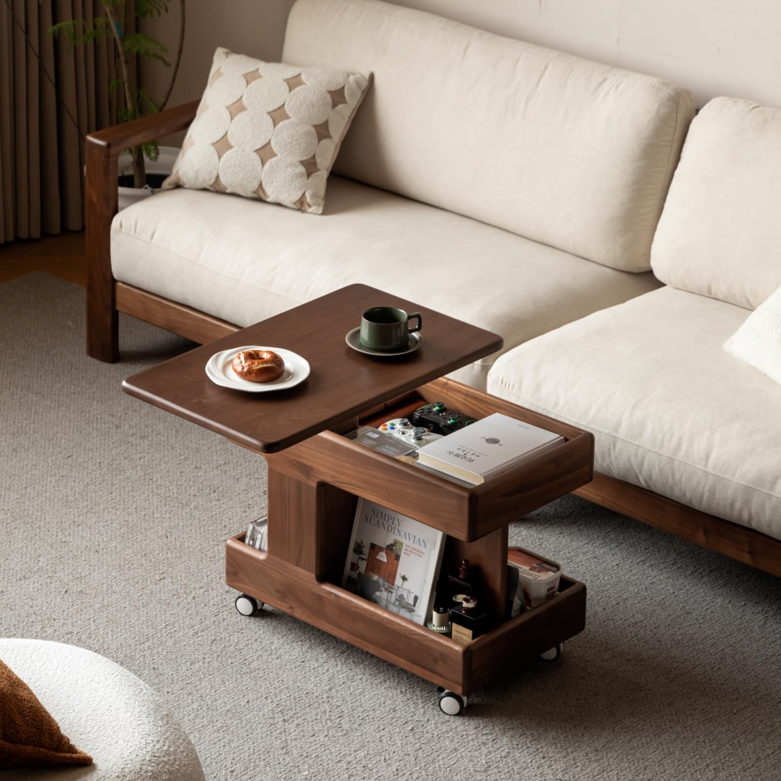 Vadisun 100% Solid Wood Lift Top End Table with Swivel Top, Sofa Couch Table with Wheels, Small Bedside Table for Living Room, Recliner and Small