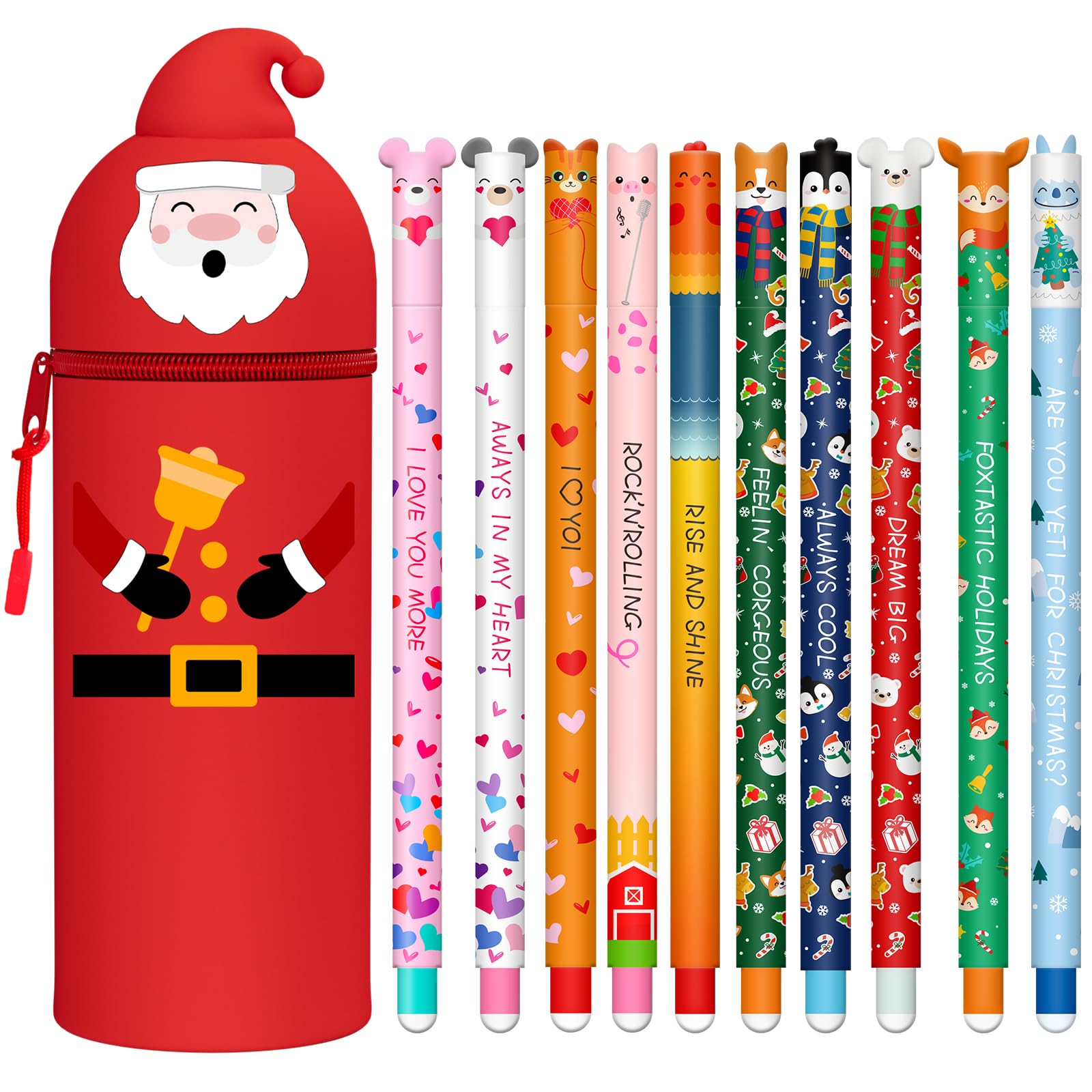 Lot De Stylos Gel Effaçables + Trousse De Noël 2 En 1 Avec