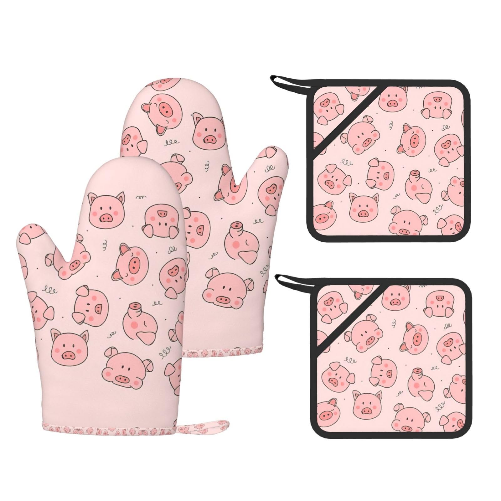 cute pig Printed Oven Mitts with Pocket and Hot Pads, Silicone Non-Slip Kitchen Gloves for Baking BBQ