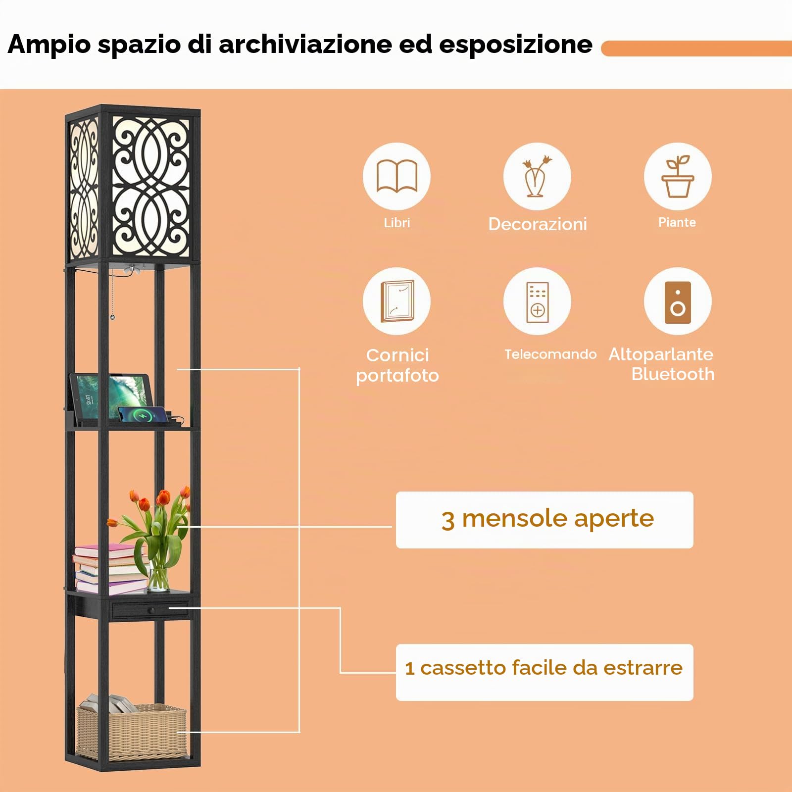 HOMASIS Lampada da Terra con 3 Ripiani, Piantana Lampada da Terra con 2 Porte USB, Lampadina E27(Non Incluso), Lampada da Pavimento Salotto, 26 x 26 x 160,5 cm, Nero (Modello 2)