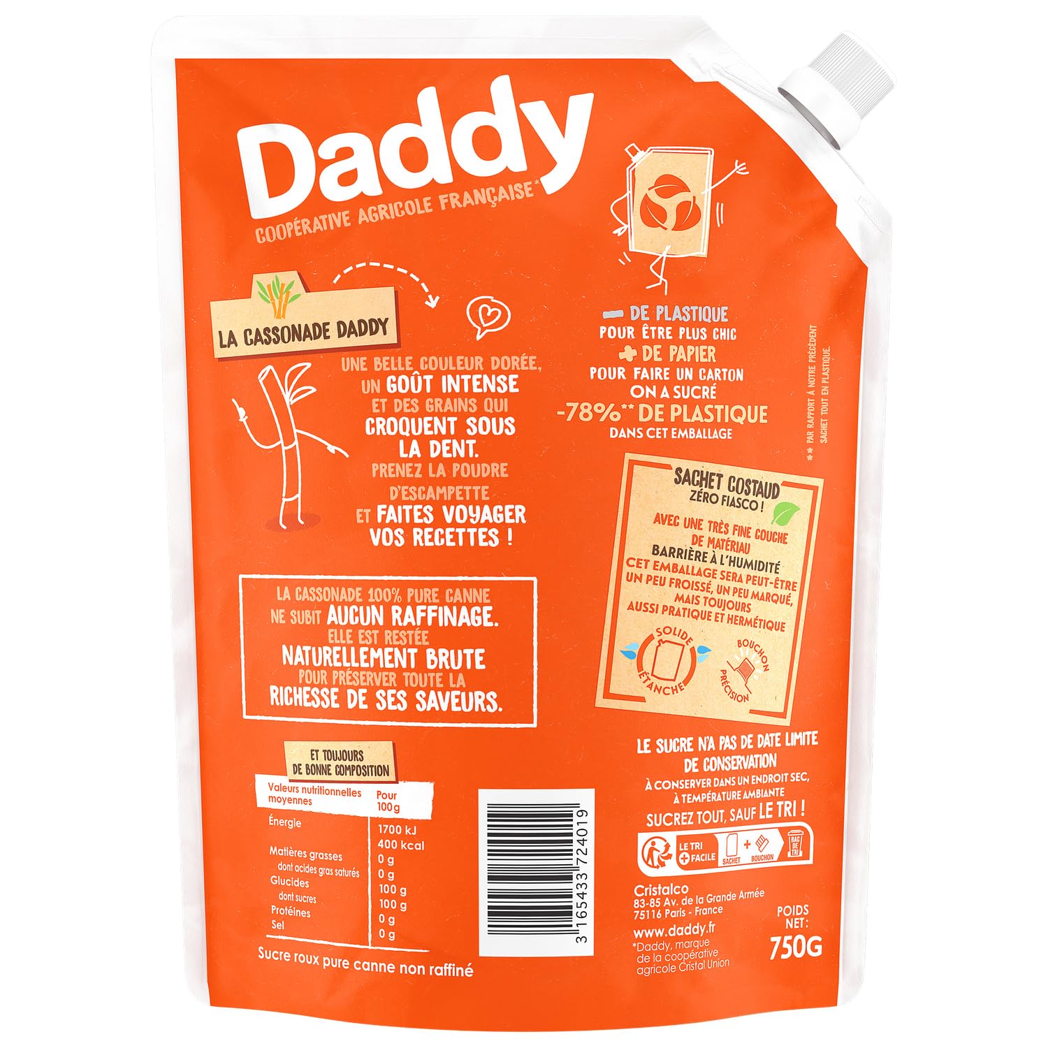 DADDY Cassonade Pure Canne Non Raffinée - Sucre Roux de Canne à Sucre - Format 750g en Bouteille Hermétique - Origine Guadeloupe, Île Maurice ou La Réunion - Lot de 4