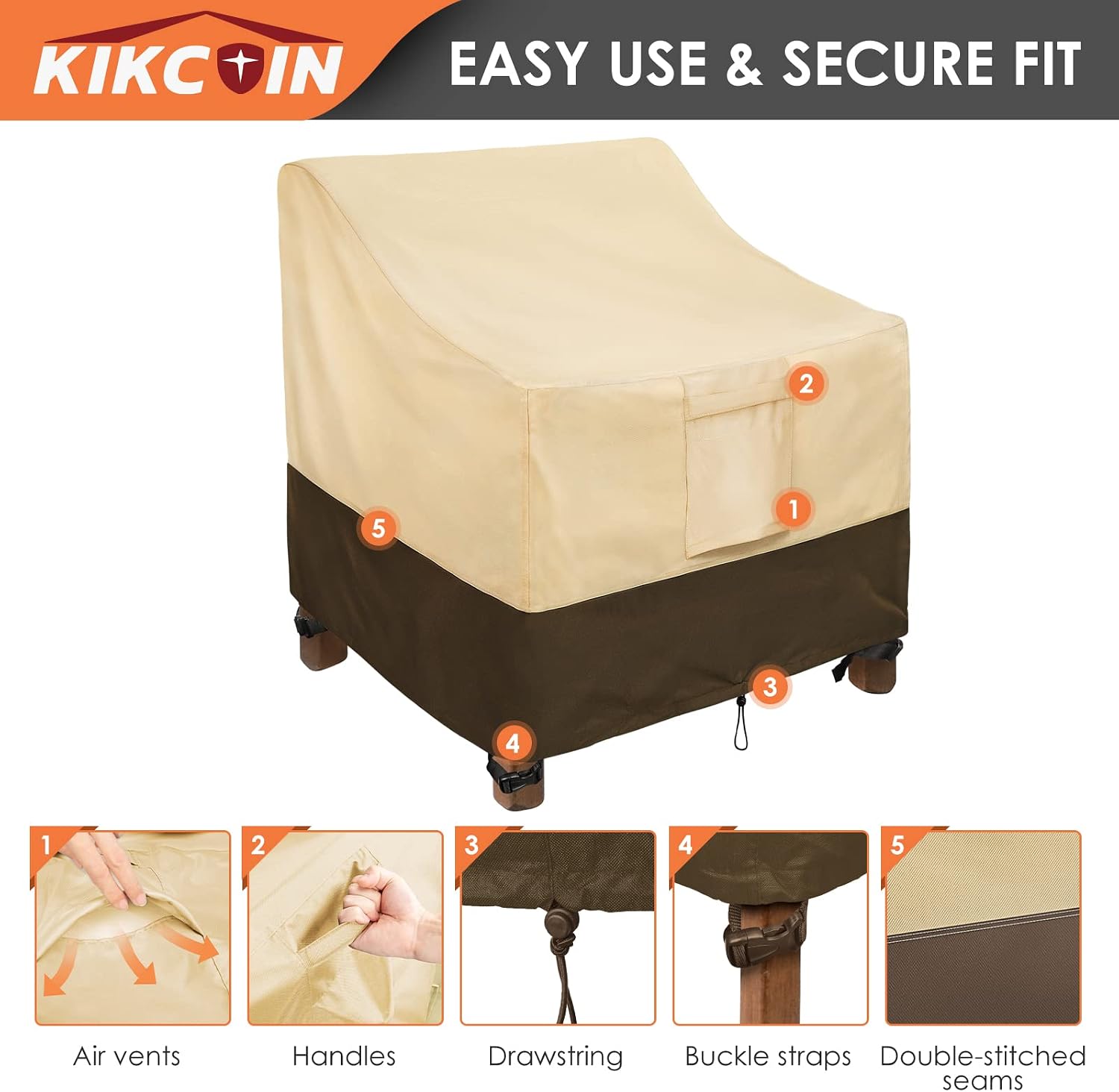 Patio Chair Covers, 2 Pack Lounge Deep Seat Cover 35"W x 38"D x 31"H, Heavy Duty Lawn Patio Outdoor Furniture Covers Waterproof with Air Vents for All Weather, Khaki & Brown