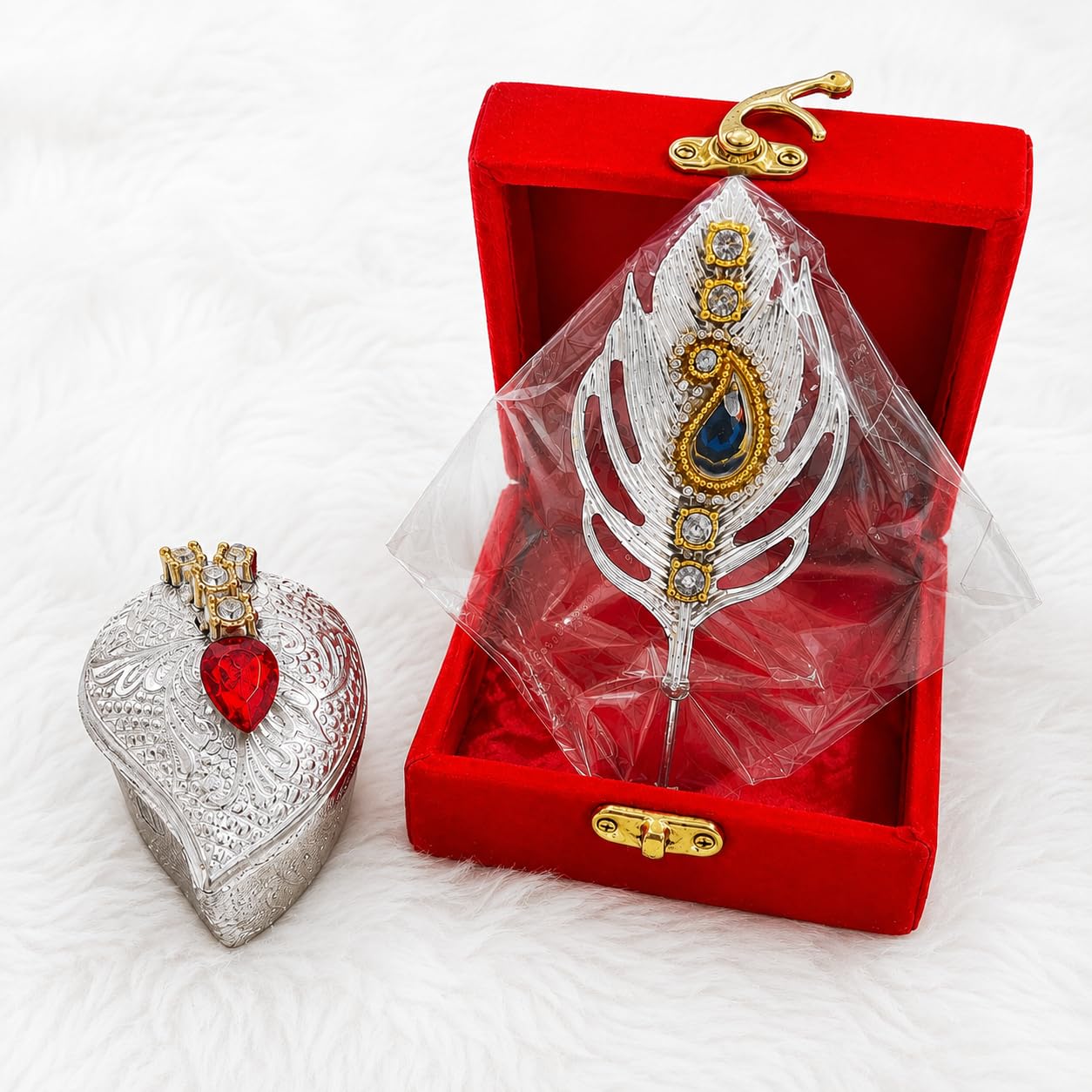 Silver Finish Mor Pankh Mukut with Decorative Kumkum Box Gift Set | Premium Silver Finish Mor Pankh Mukut with Designer Kumkum Box in Velvet Gift Box for Pooja & Temple Decor-image-6