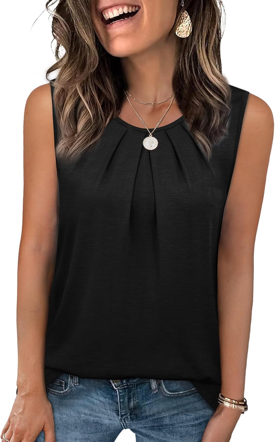 WIHOLL Flowy Tops for Women Business Casual Outfits Pleated Front Tank Tops Loose Fit - Image 3