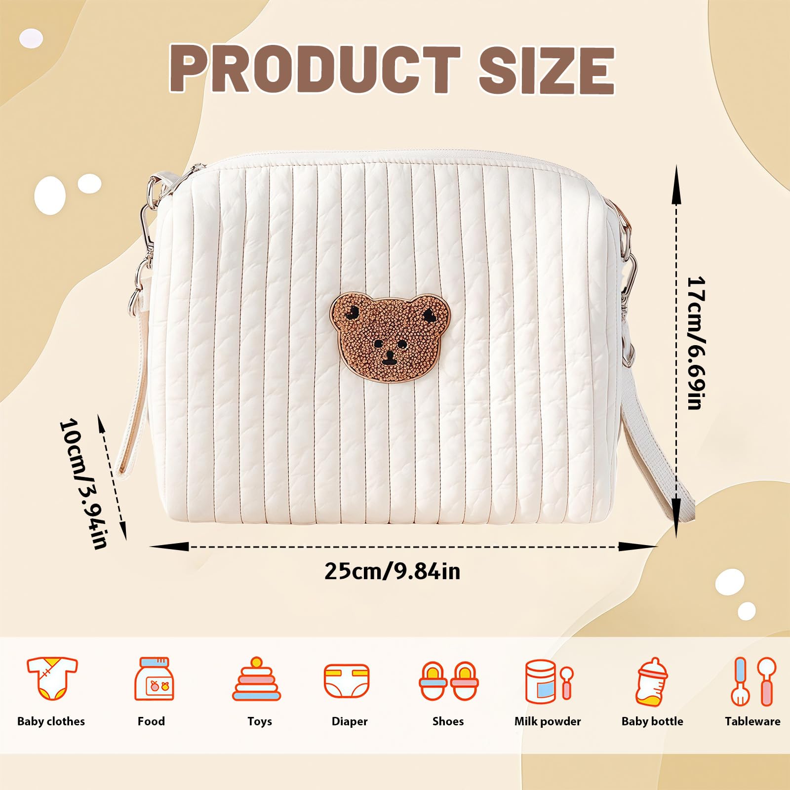 Sac à langer pour les déplacements, organisateur universel pour poussette, broderie ours, sac à langer en coton, mini sac à couches et sac pour poussette avec 2 sangles