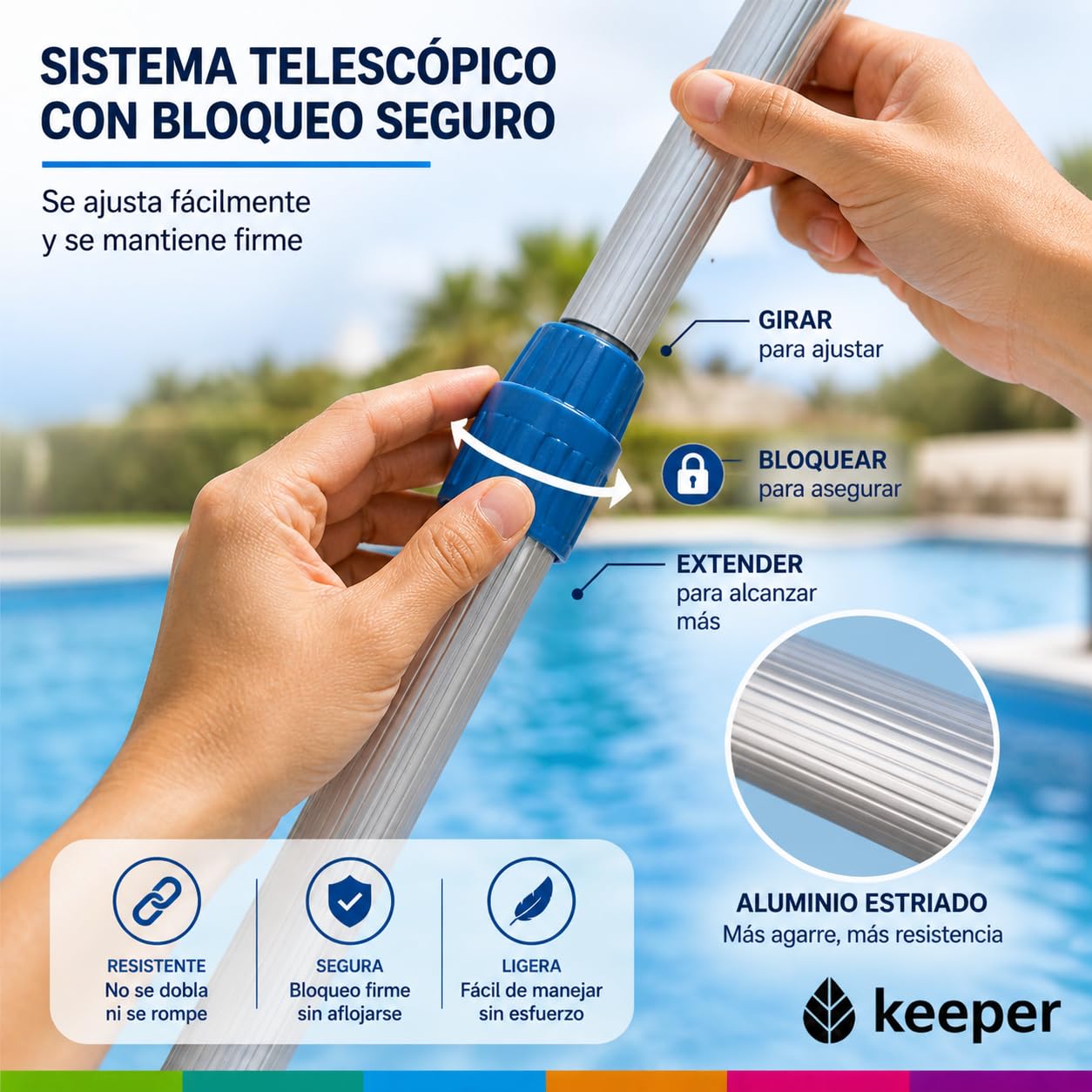 Keeper Pértiga Telescópica Extensible para Piscinas 2,40–4,80 m, Mango de Aluminio Ligero con Doble Sistema Clip y Palomilla, Compatible con Cepillos, Limpiafondos y Recogehojas