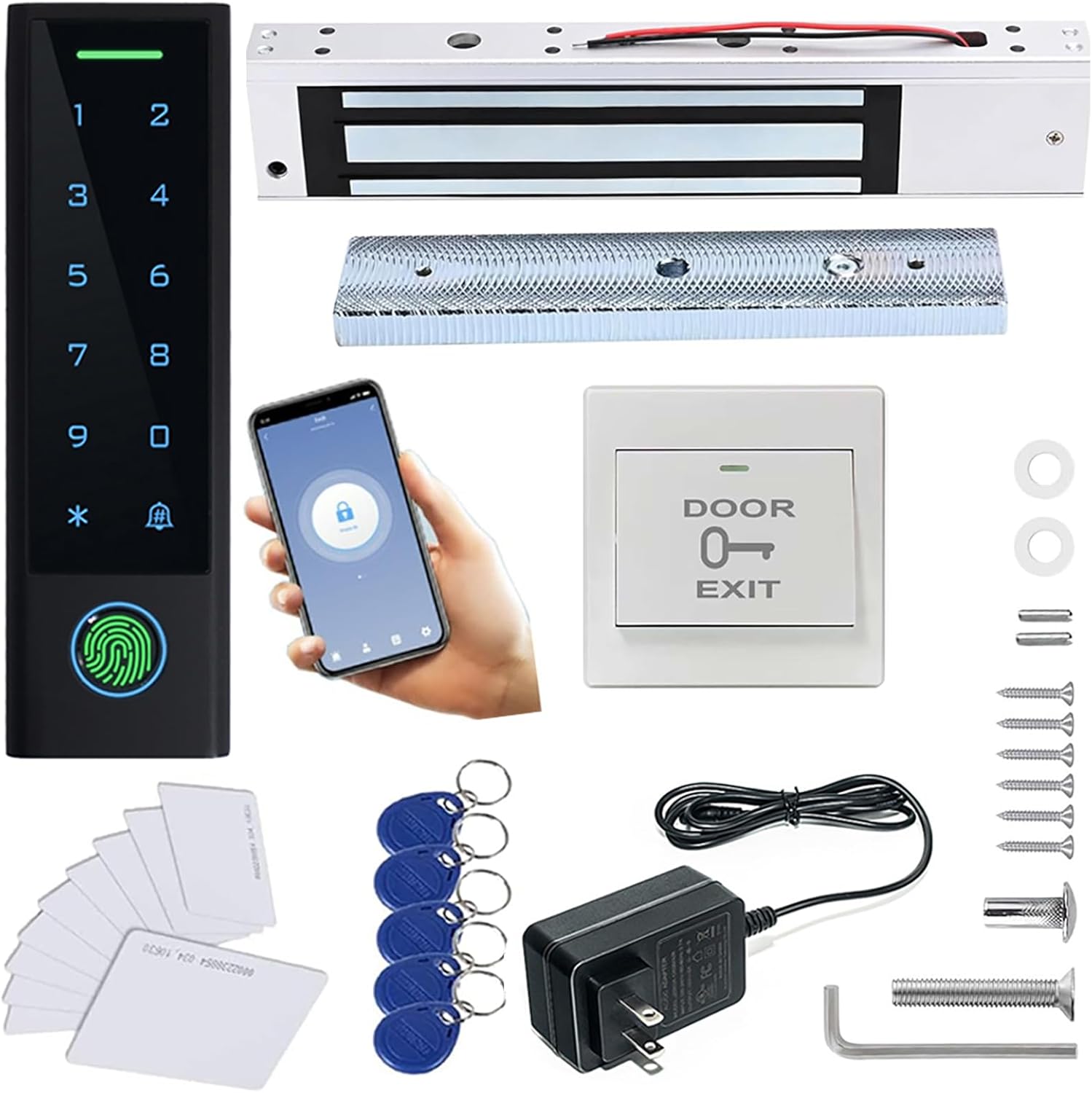 MENGQI-CONTROL WiFi Remote Add Delete User Biometric Fingerprint RFID Password Access Control Systems + 600lbs Force Electric Magnetic Lock +Cards and Key Fobs keypad Reader 110V-240V Power Adapter
