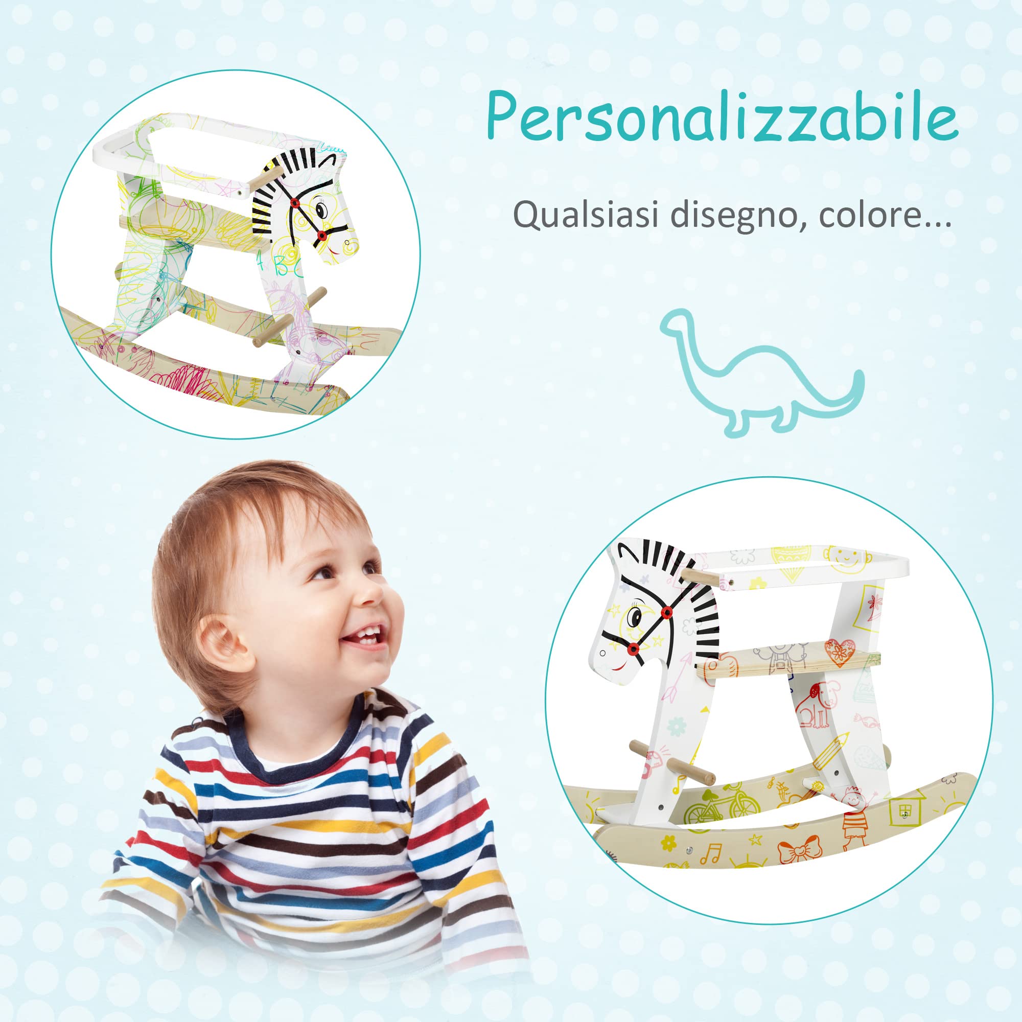 HOMCOM Cavallo a Dondolo Classico in Legno per Bambini 1-3 Anni con Bordo, Maniglie e Poggiapiedi, 68x26.5x48cm, Bianco