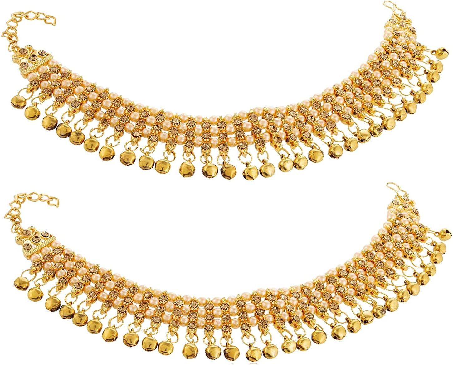 WomenSkyAntique Traditional Kundan Pearls Stone Fancy Stylish Gold Plated Payal/Anklet/Pajeb/Payjeb/Painjan/Ghungroo/Anklet Bracelet/Pattilu for Women and Girls