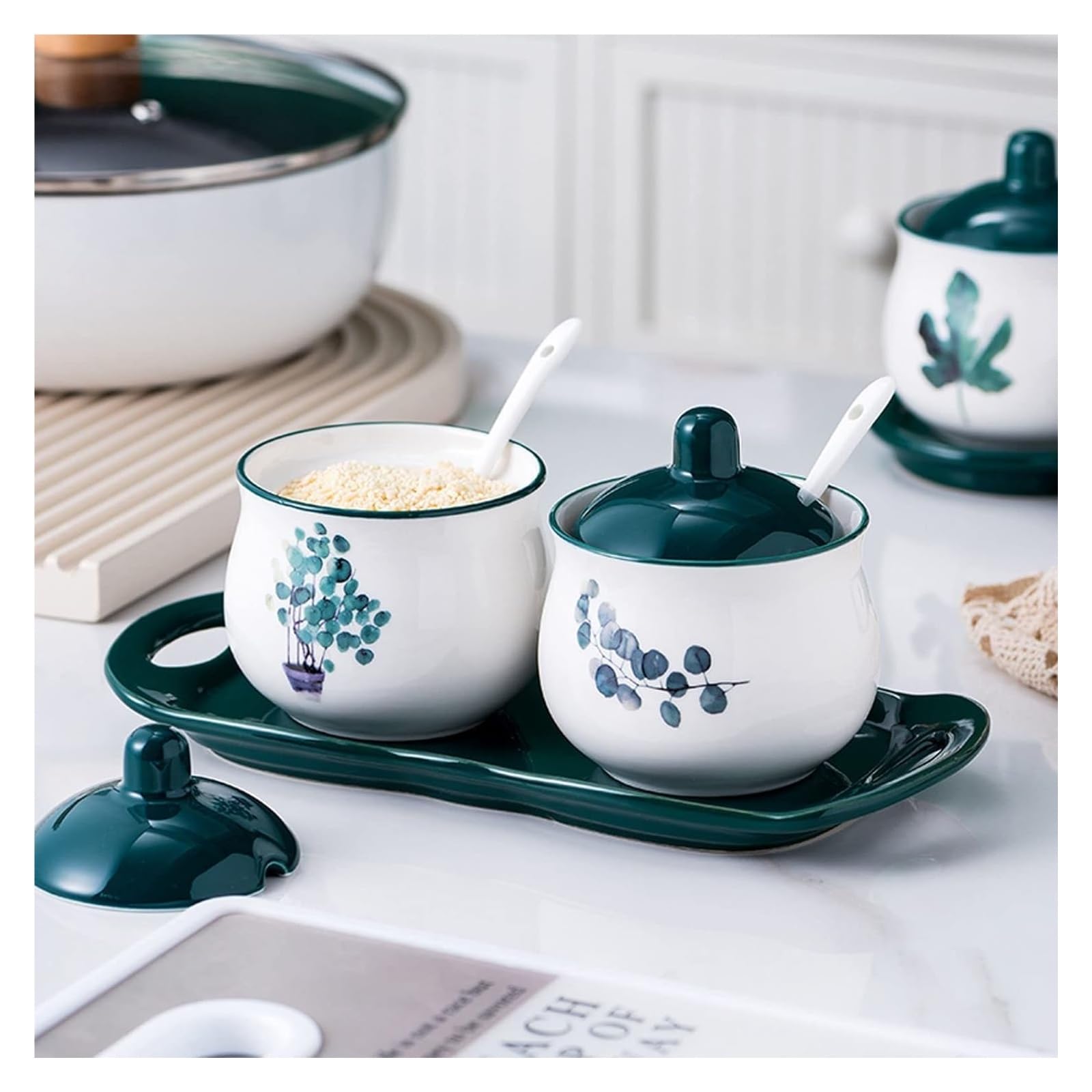 Sucrier, sucrier, sucrier nordique avec couvercle, pot de rangement à motif de plante verte, sucrier en porcelaine, pot à épices, pot à sel, for café, restaurant, maison(Green3)