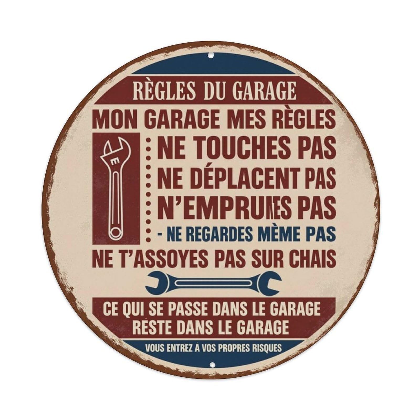 Vintage French Garage Rules Round Decorative Sign Vintage Aluminium Metal Sign, Retro Wall Decor for Home, Bar, Garage & Farmhouse 20x20cm