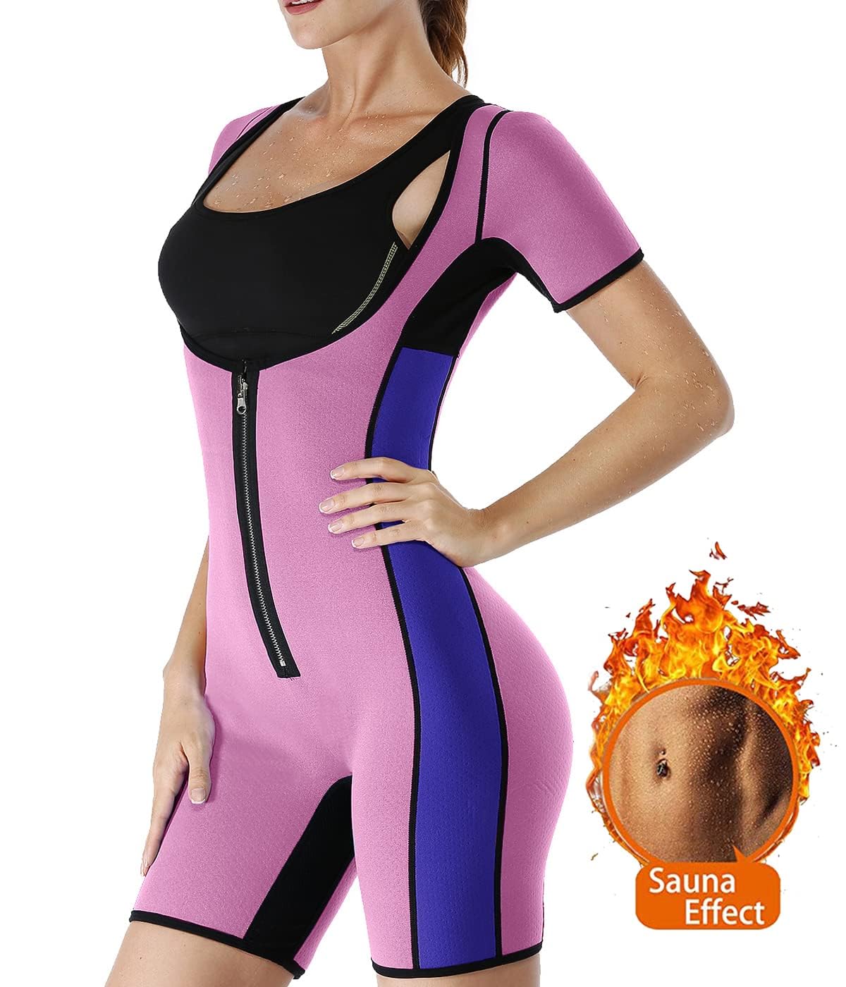 LaLaAreal Damen Neopren-Fitnessanzug / Sauna-Ganzkörperanzug, körperformender Anzug mit Reißverschluss und ärmeln