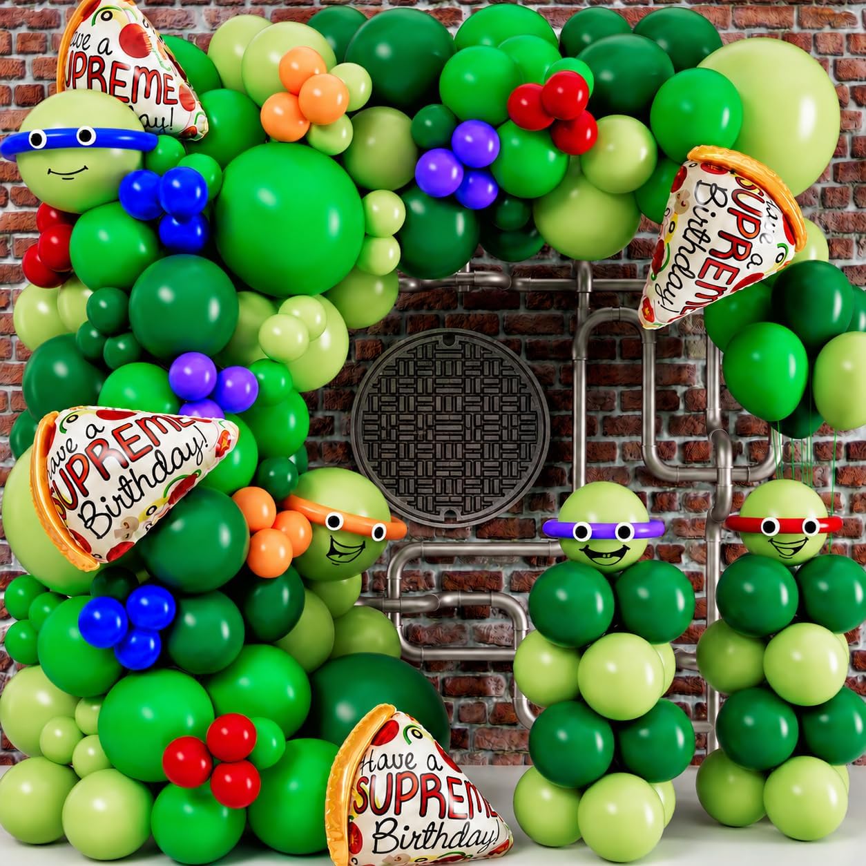 ALL-IN-1 Cartoon Turtle Balloon Arch Kit with BONUS Headbands & PIzza Foil Balloons for Birthday Party Decorations