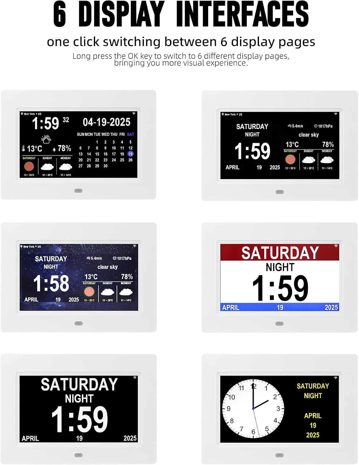 Digital Alarm Clock, Multiple Alarm Functions, Clock with Date and Day, Digital Alarm and Electronic Calendar for Seniors (White, 7 inch) (7-inch White WiFi)