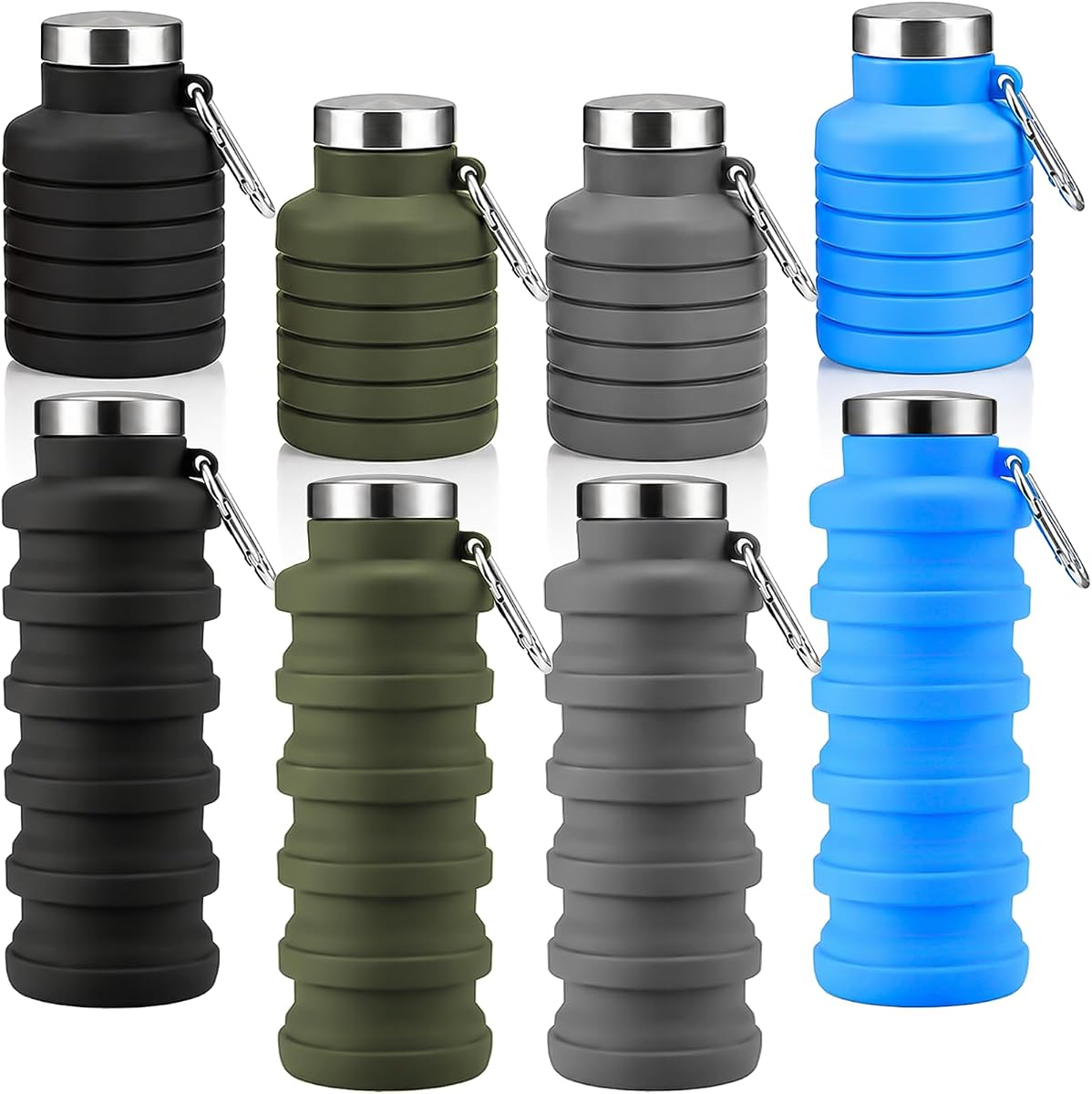 Paquete de 4 botellas de agua plegables, botella de agua de silicona reutilizable portátil de 16 oz, botellas de agua plegables para viajes, gimnasio, camping, senderismo, botella de agua deportiva a prueba de fugas con mosquetón (color profundo)