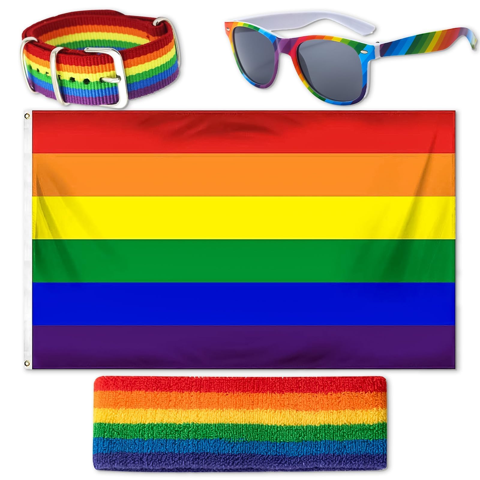 Progress Pride Flag Set, Pride Accessoires Lgbtq Outfit mit Regenbogen Flagge 150 x 90cm, Regenbogenfahne, Regenbogen Stirnband, Brille, Armband