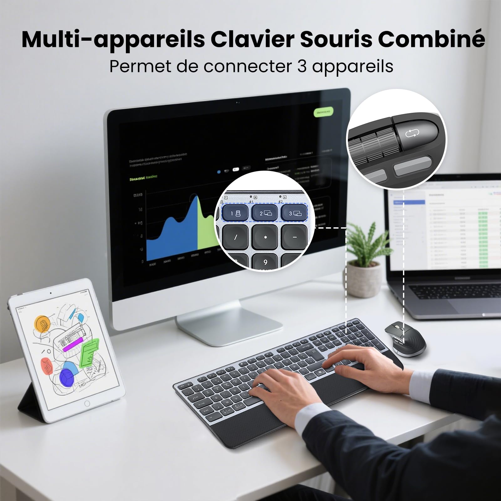 CITLLA Clavier Souris sans Fil Rétroéclairé Rechargeable Ergonomique, Réglable Support et Repose-Poignets,4 Niveaux DPI Hyper-Rapide Défilement Souris silencieuse pour Ordinateur Bureau PC Laptop