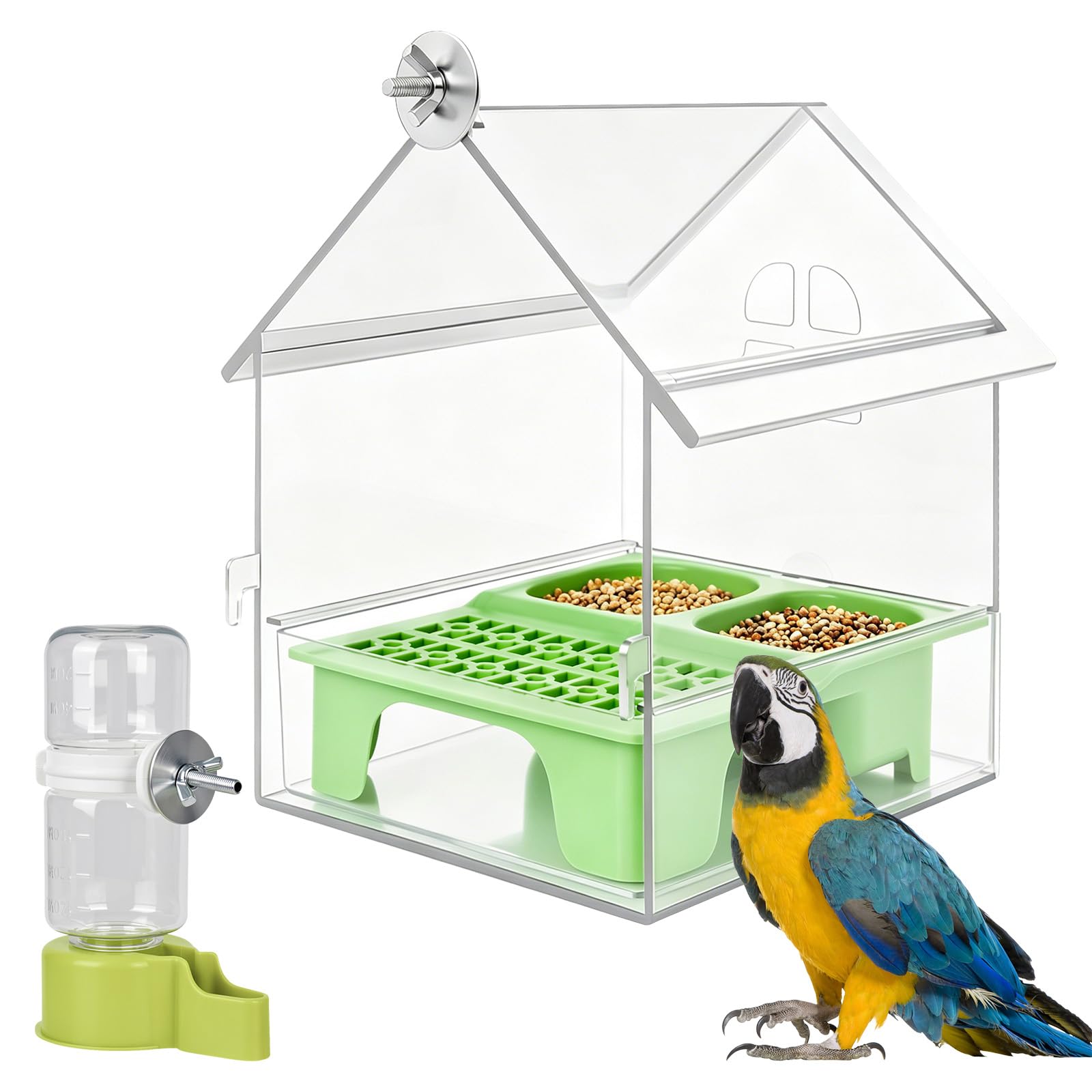 RUCUDIM Budgie Water Dispenser Pull-Out External, Bird Feeders Hanging with Two Food Troughs, Bird Seed Feeder, Roof Bird Feeder with Screws Install for a Variety of Birds(Green)