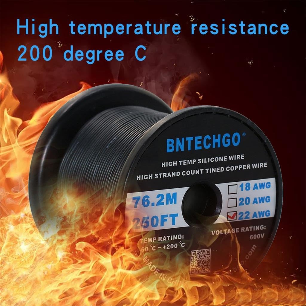 BNTECHGO 22 Gauge Silicone Wire Spool 250 ft Black Flexible 22 AWG Stranded Tinned Copper Wire