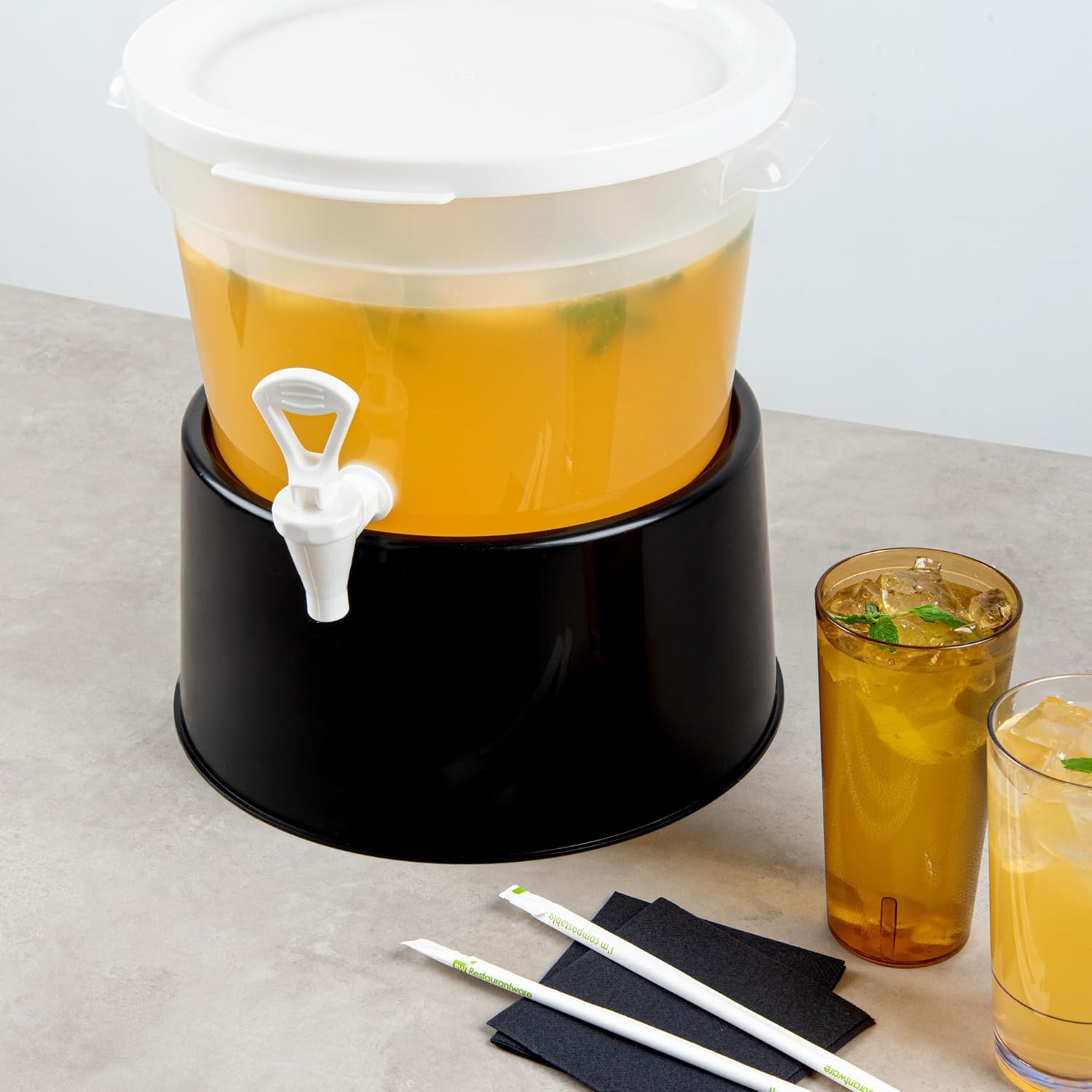 Restaurantware-BASES ONLY: Bev Tek Beverage Dispenser Bases, Pack of 4 Durable Holders - Dispenser Sold Separately, For 3 And 6 Gal Dispensers, Black Plastic, Dishwashable