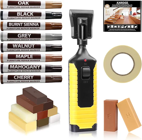 Laminate Vinyl Floor Repair Kit with Heat Pen, 11 Colors Hardwood Floor Wax Wood Furniture Touch up Marker Linoleum Lvp Repair Kit Covers Scratches, Stains, Cracks, Holes for Floor, Door, Cabinet