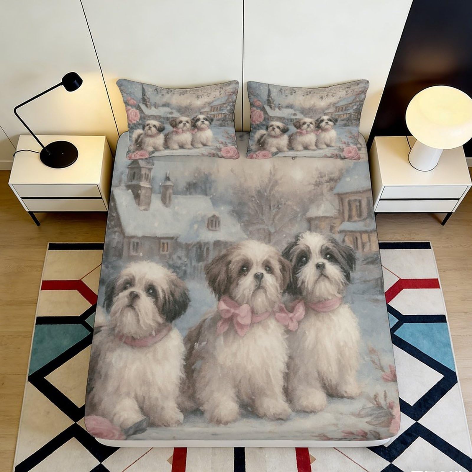 3D Printed Cute Puppy Fitted Sheet Microfiber Soft Breathable Winter Scene Bed Cover for Bedroom Guest Room Decor 90x200x25cm