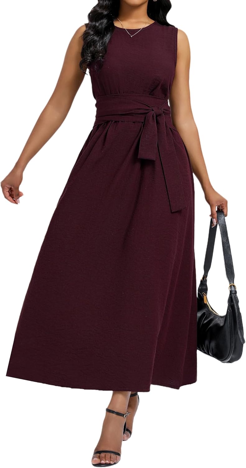 Women's Summer Sleeveless Casual Belted Maxi Sundress 2025 Long Tank Dress with Pockets - Image 2