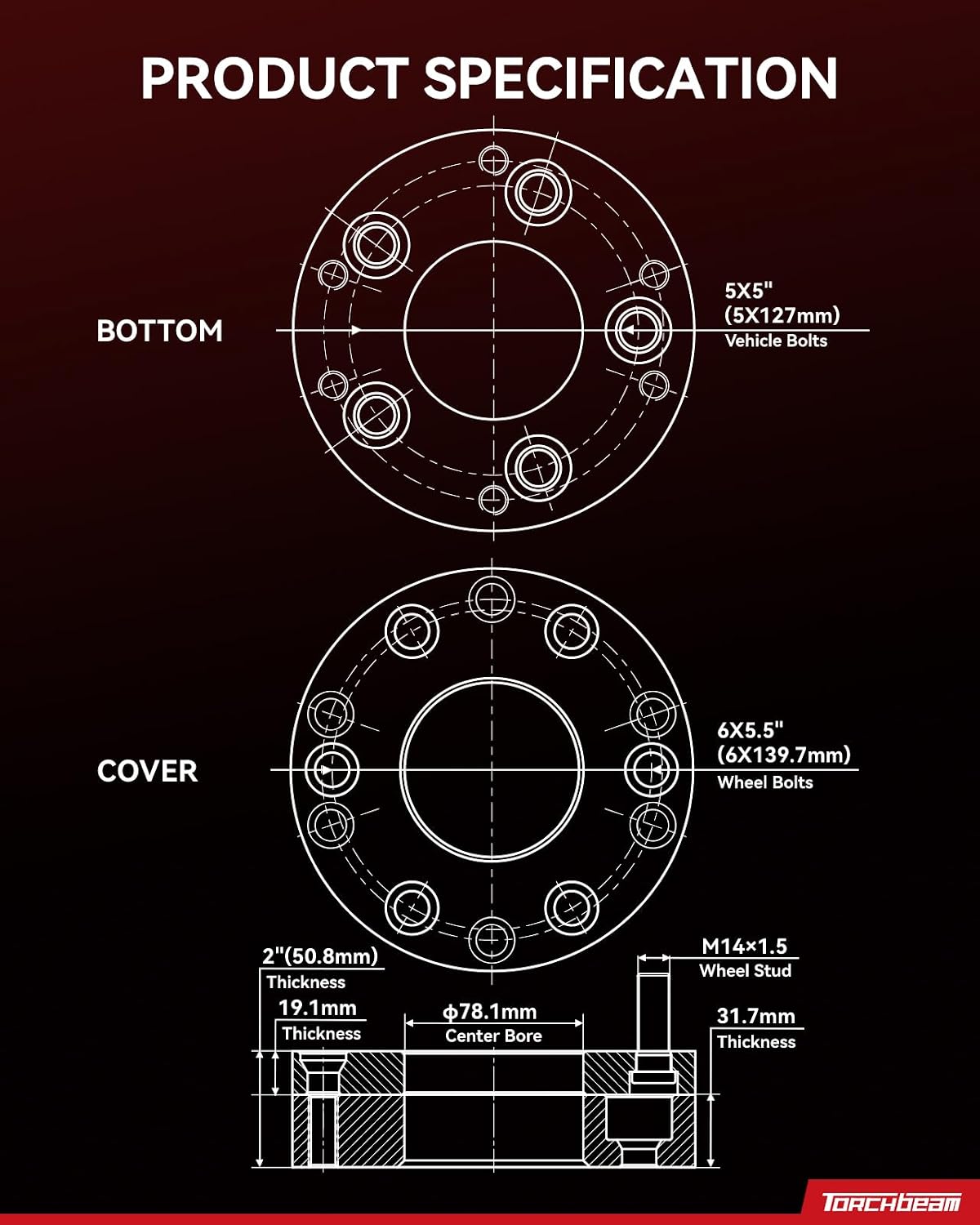Torchbeam 5x5 to 6x5.5 2 inch Wheel Adapters for Wrangler, Grand Cherokee, Gladiator, Wrangler JK, Grand Cherokee L, Durango, C1500, Commander, Blazer, C10, 78.1mm Center Bore & M14x1.5 Studs