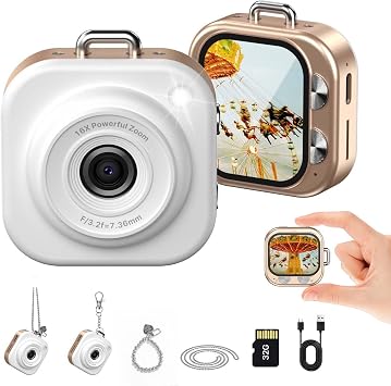 W & O Mini Keychain Digital Camera,1080p Mini Camera Charms with 32GB Card,Small Cameras for Photography with Long Battery Life,Pocket-Size Keychain Camera with Chain for Vlog, Party,Travel Gold