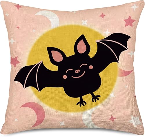 Fundas de almohada decorativas de murciélagos de Halloween de 16 x 16 pulgadas, color rosa y negro con diseño de murciélago y hocico, decoración de
