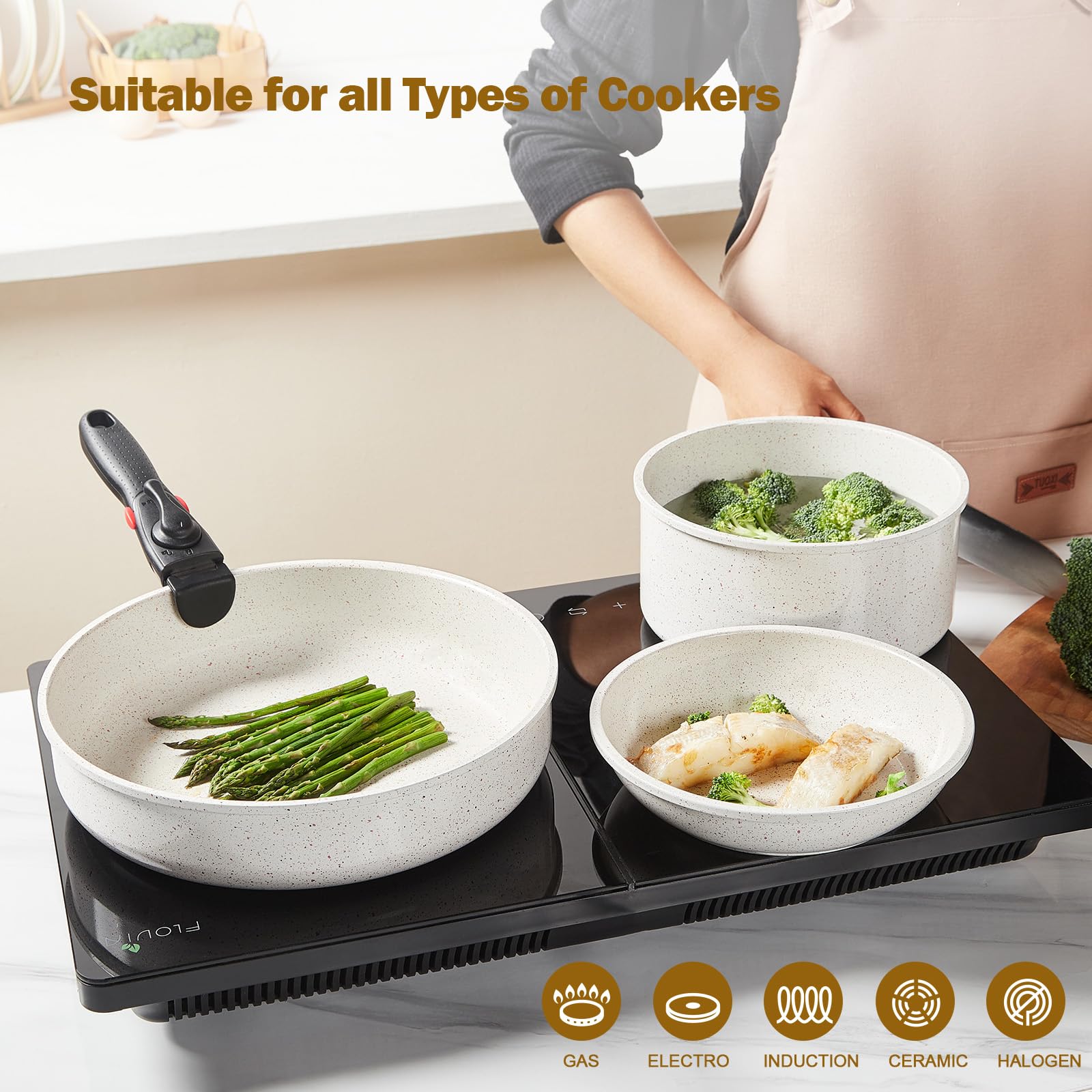 ROSSETTO Batterie de Cuisine, Set de casserole poele induction avec poignée amovible et revêtement anti-adhésif en céramique, empilable Set de casseroles (Gris Cendré, 15 pièces)