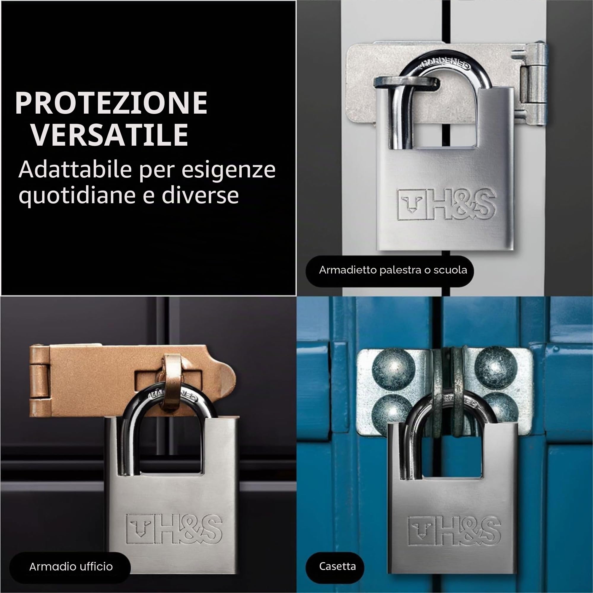 H&S Lucchetto Antiscasso Corazzato - Lucchetto Moto e Bici Alta Sicurezza - Catenaccio Grande per Catena da 60 mm con 5 Chiavi - Chiusura Porta e Cancello Esterno
