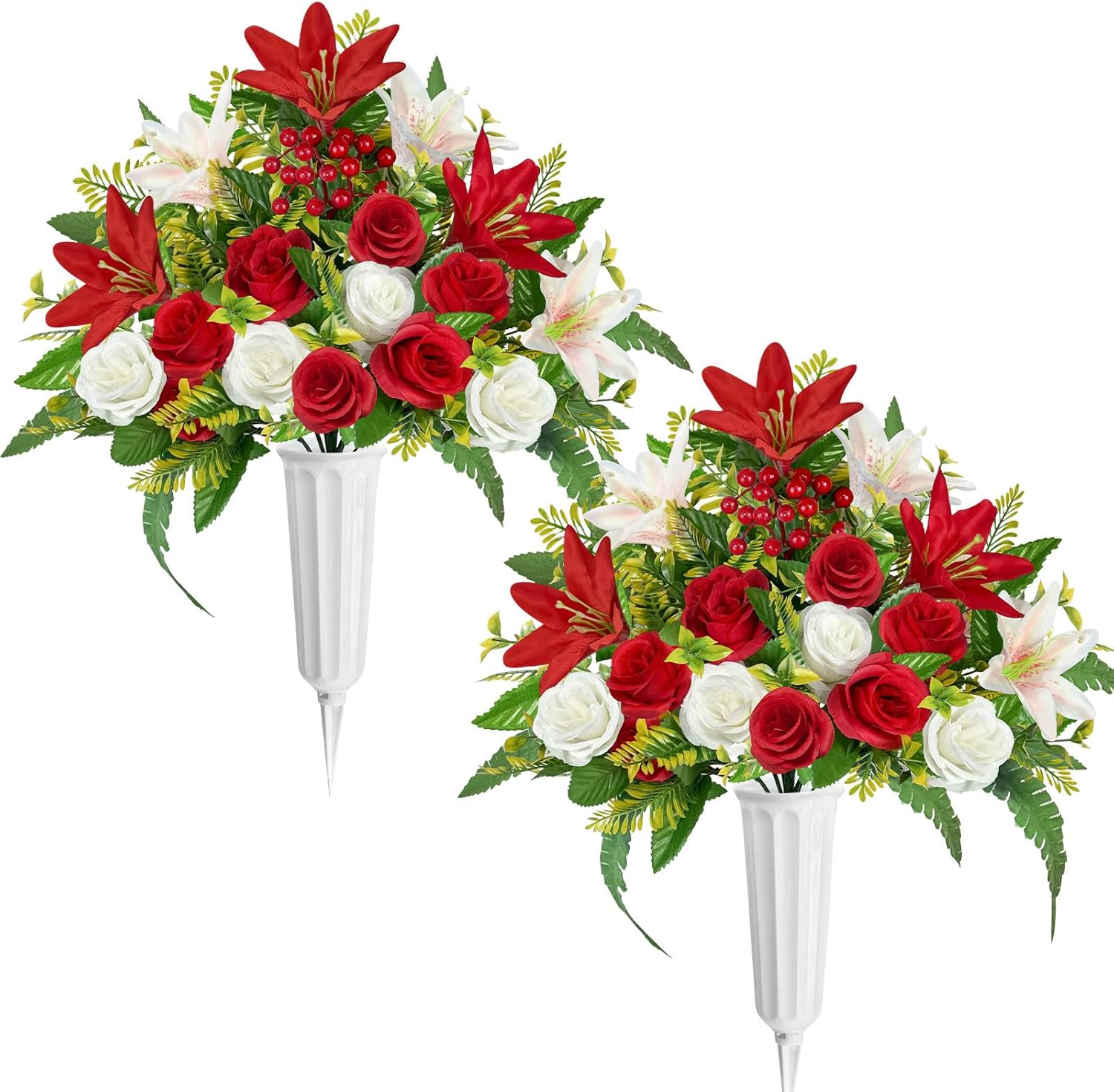 ICX Artificial Cemetery Flowers with Vase,2 Sets Artificial Rose Lily Grave Flowers for Cemetery,Memorial Day Flowers for Cemetery,Cemetery Flowers for Grave,Grave Decorations