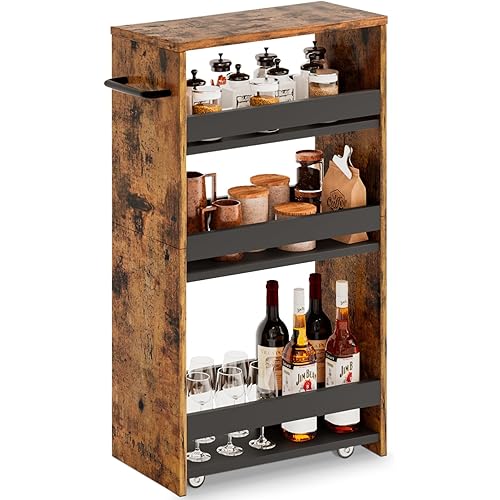 Rolling Cart 7.9" Width, 4-Tier Utility Carts with Wheels Handle, Slim Kitchen Storage Cart for Bathroom Laundry Room Organization Narrow Places (Rustic Brown)