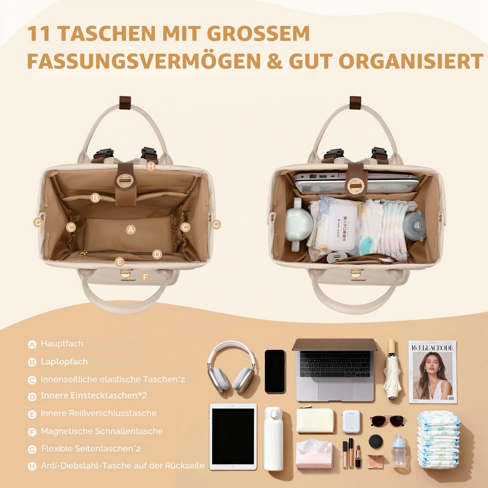 Wickeltasche, Rucksack, multifunktional, wasserabweisend, mit Haken, lässige Wickeltasche zum Aufhängen für Mütter