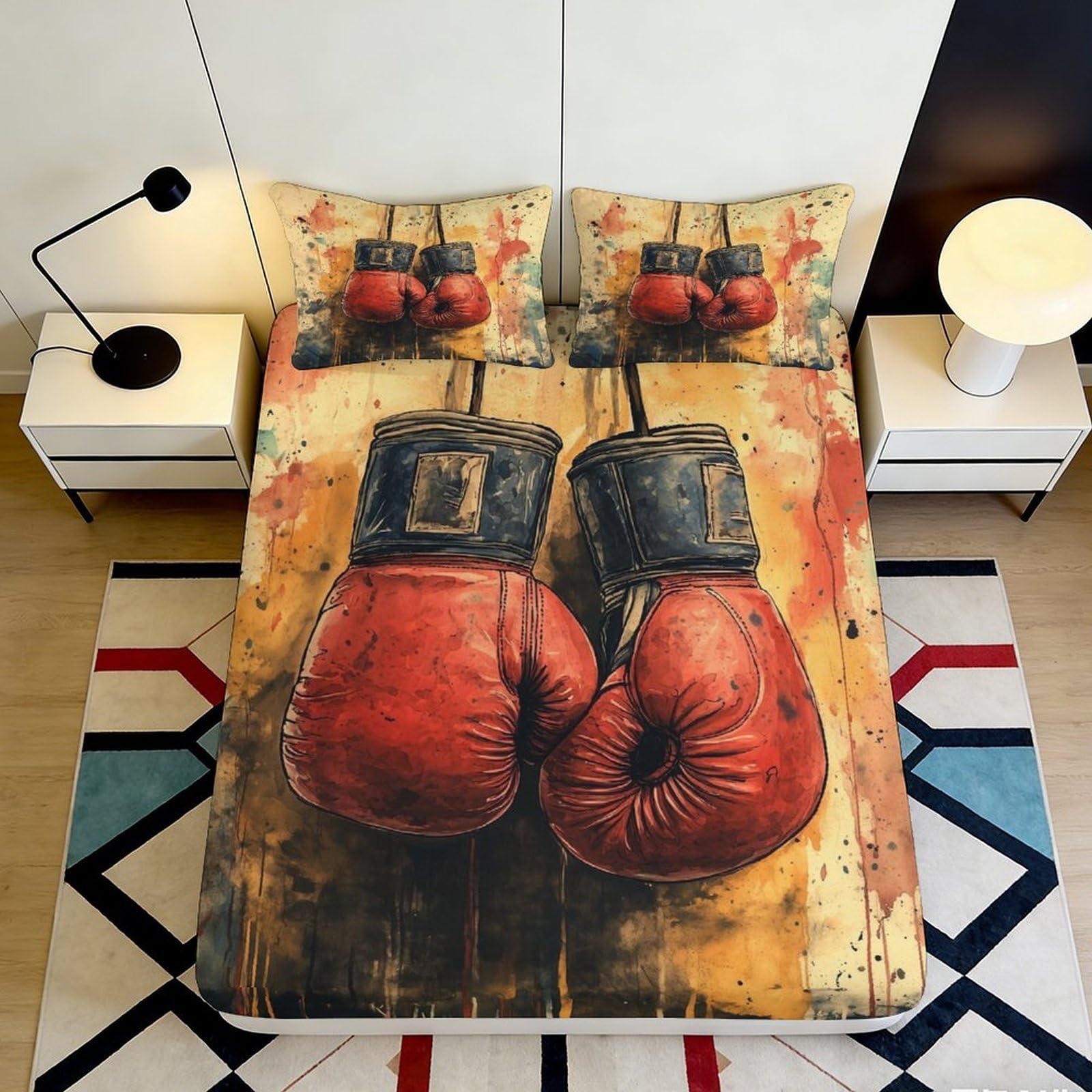 3D Printed Boxing Gloves Fitted Sheet Microfiber Deep Pocket Non-Slip Bedroom Bedding Boxing Mattress Fitted Cover Elastic Washable 140x200x25cm