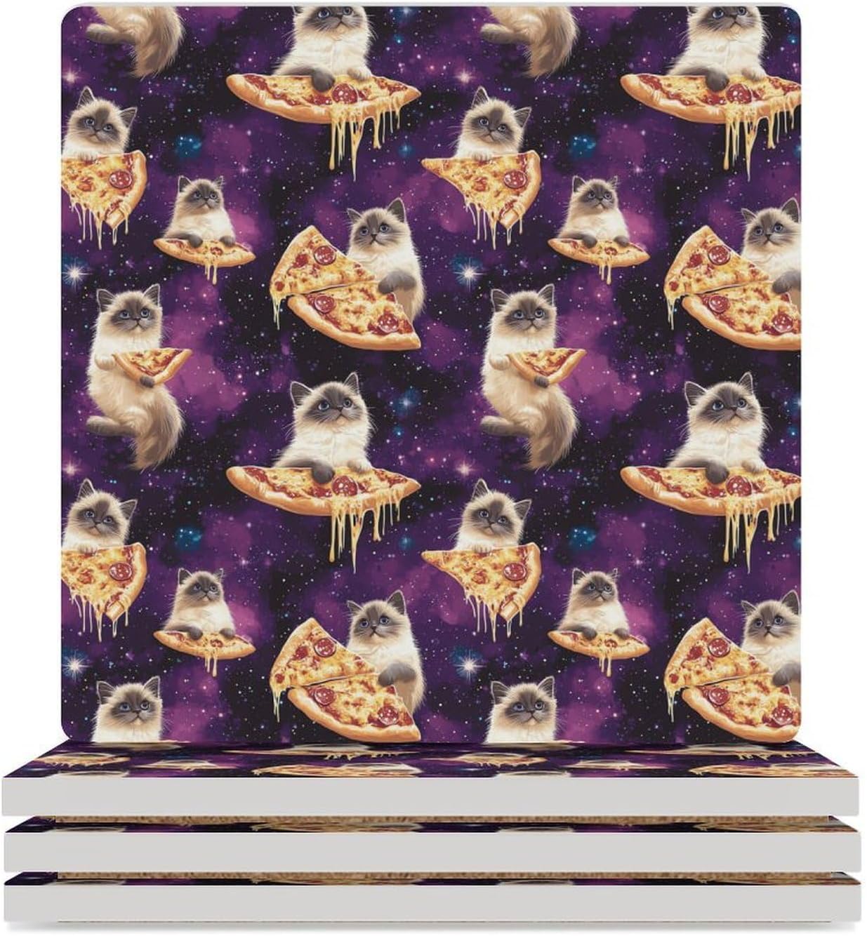 Cute Kitten Cat Pizza Print Ceramic Coasters Set Square Drink Coasters Table Coaster for Kitchen Desktop Decor
