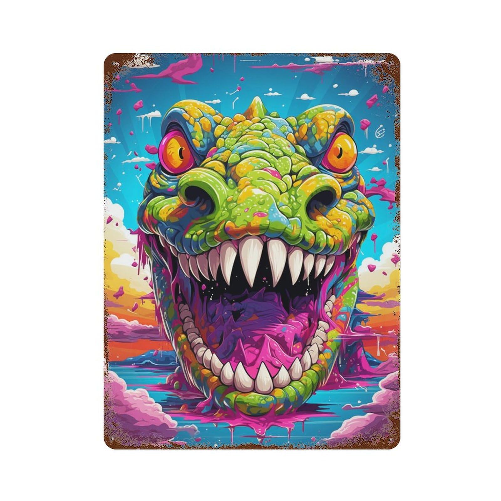 Garage Style Colorful Crocodile Artwork Aged Metal Wall Plaque 15.7"x11.8", Old School Wall Decor for Bar And Workshop